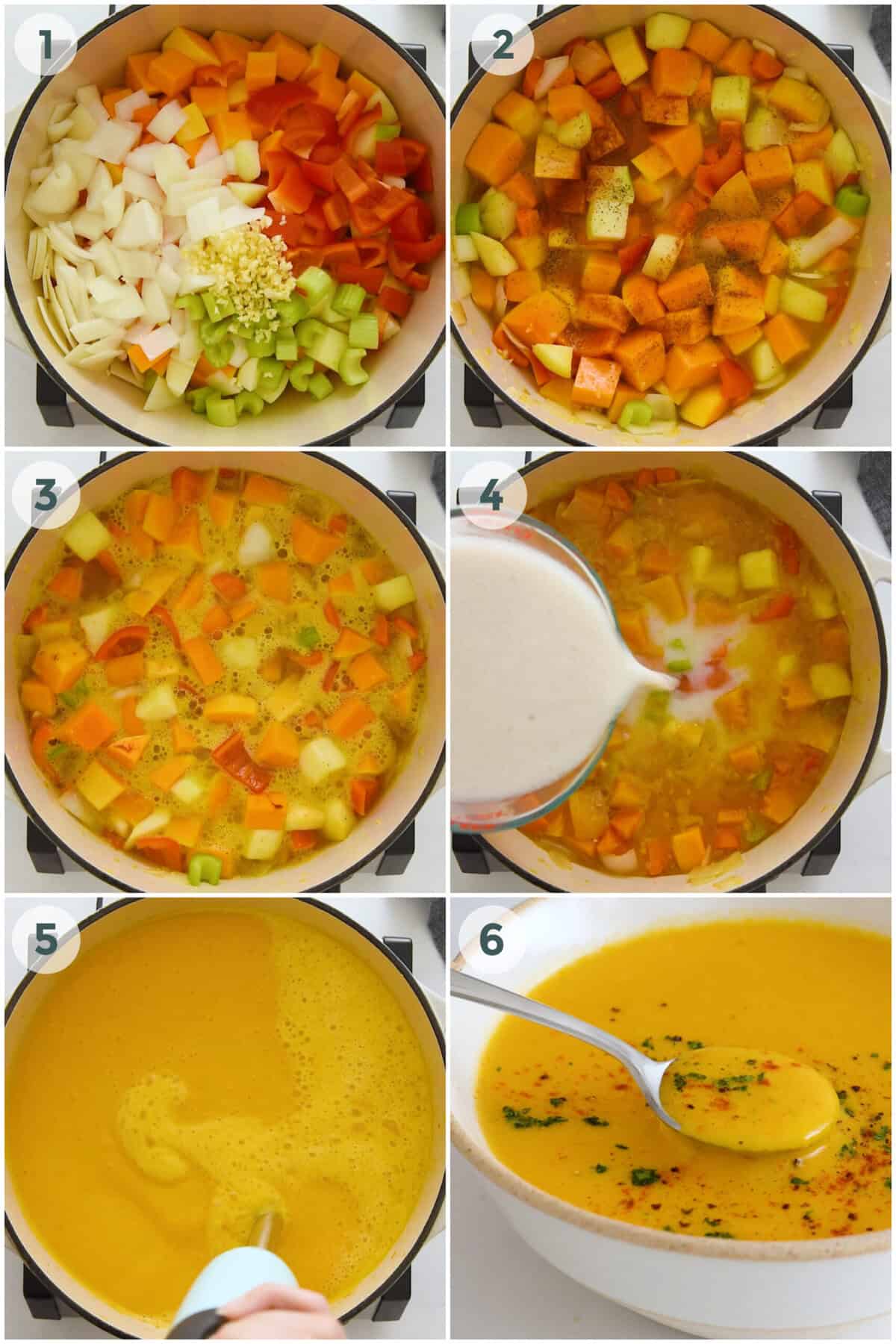 six steps of preparing butternut squash soup