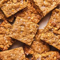 up-close view of blondies with oats and buttersctoch chips