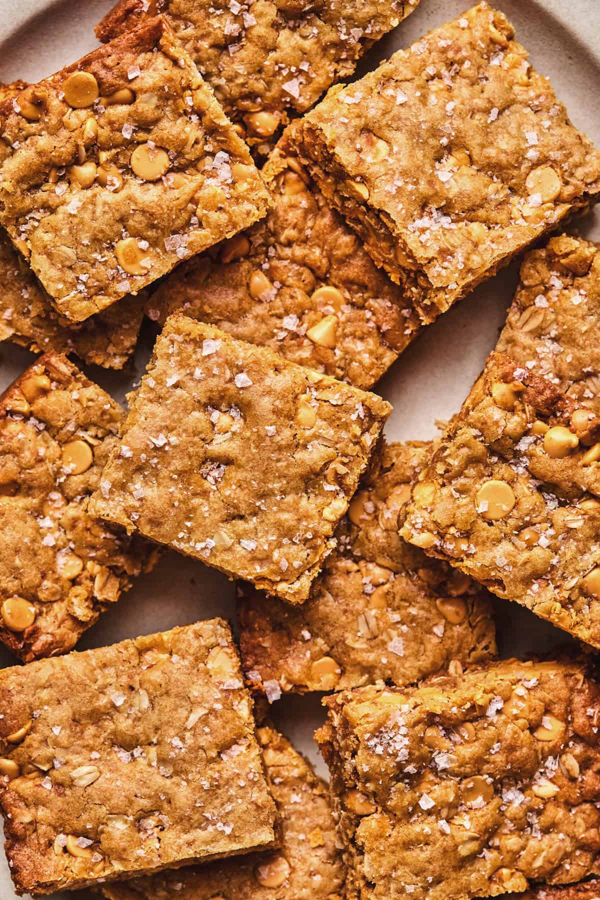 up-close view of blondies with oats and buttersctoch chips