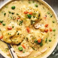 bowl of chicken and dumplings with spoon