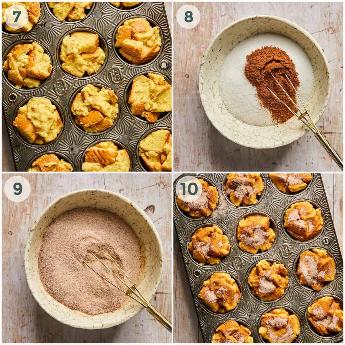 steps 7-10 for baked cinnamon french toast muffins