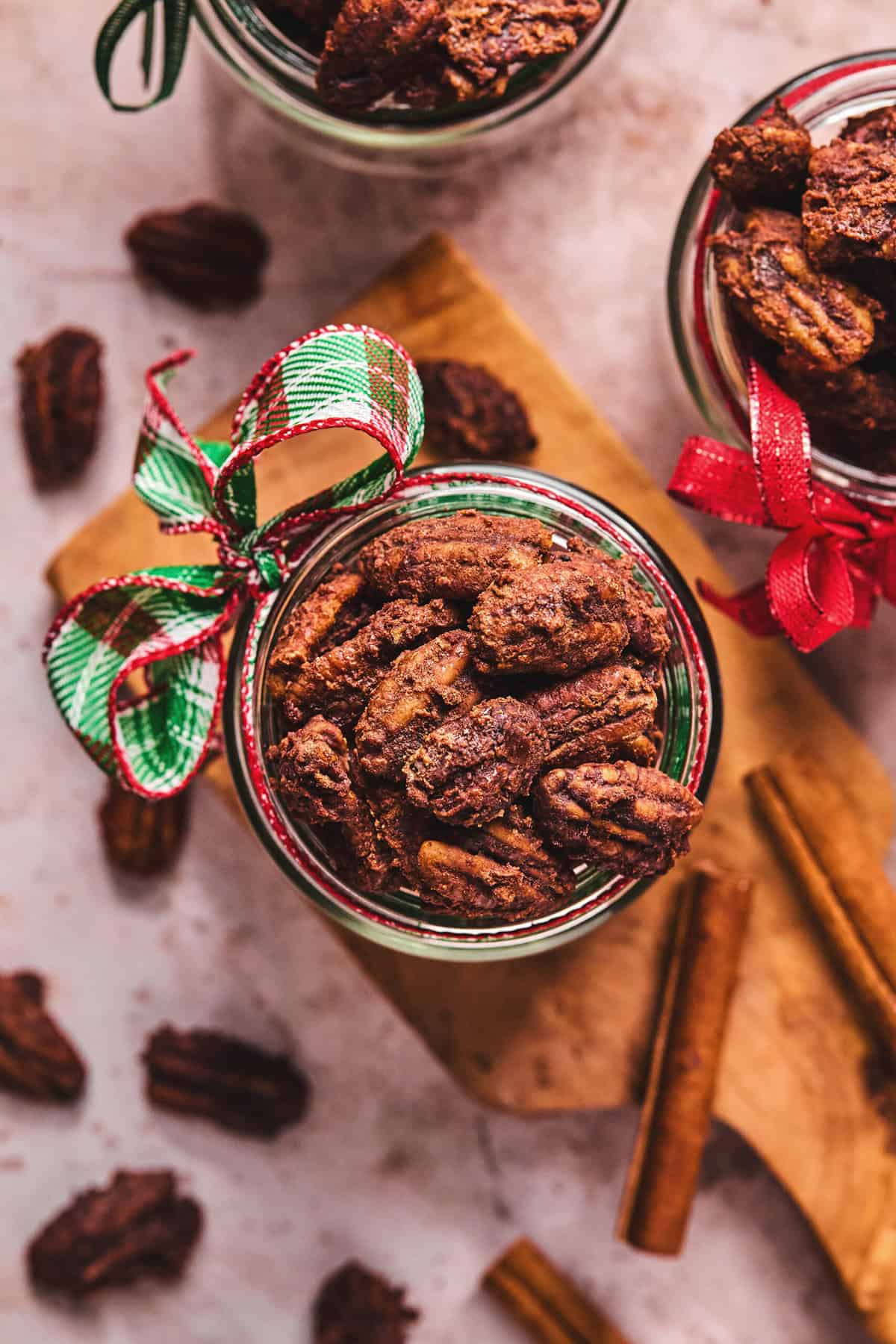 overhead view of jar of candied pecans