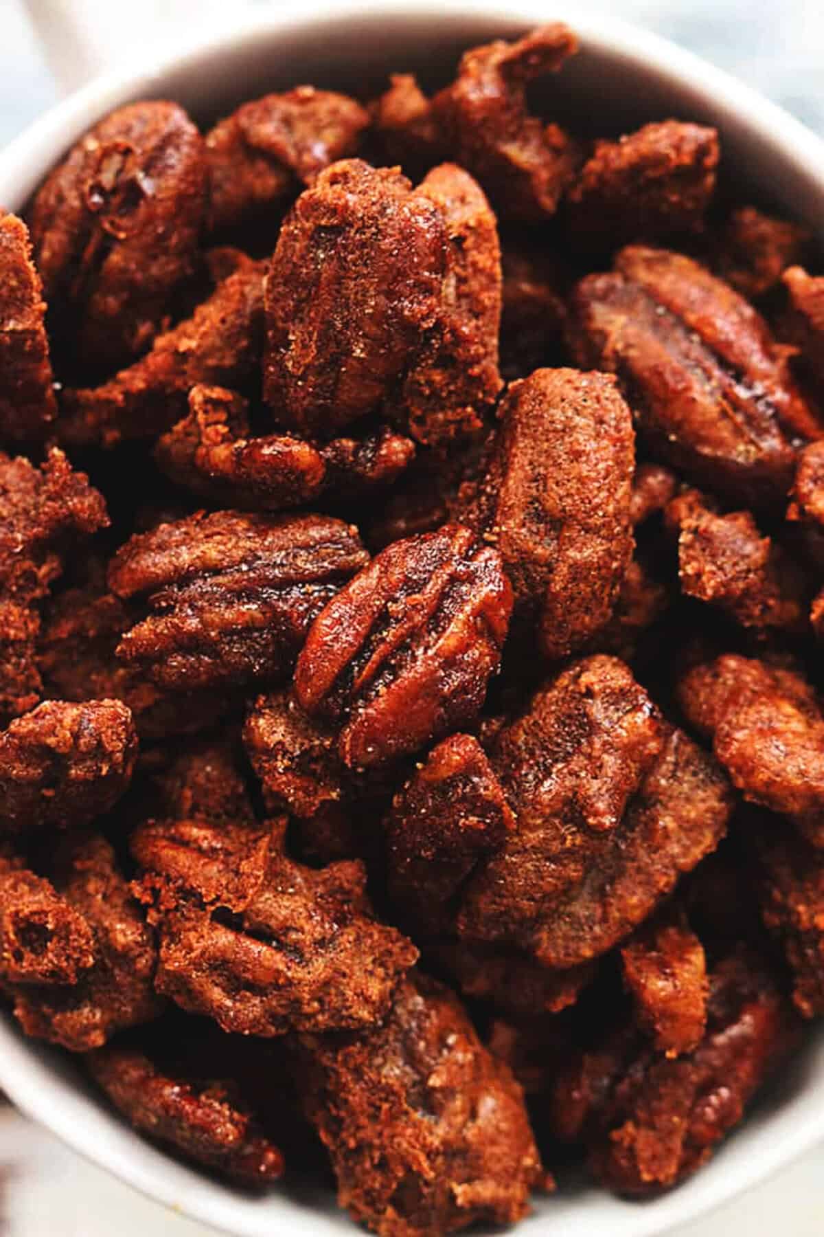 up close candied cinnamon pecans