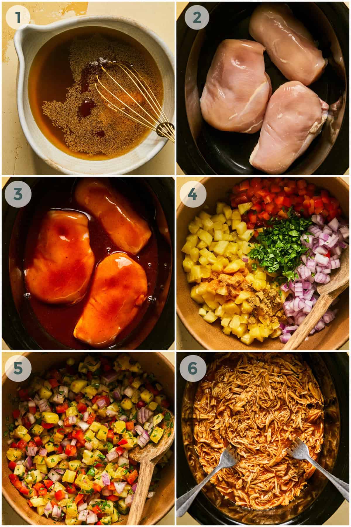 steps 1-6 for crockpot shredded bbq chicken