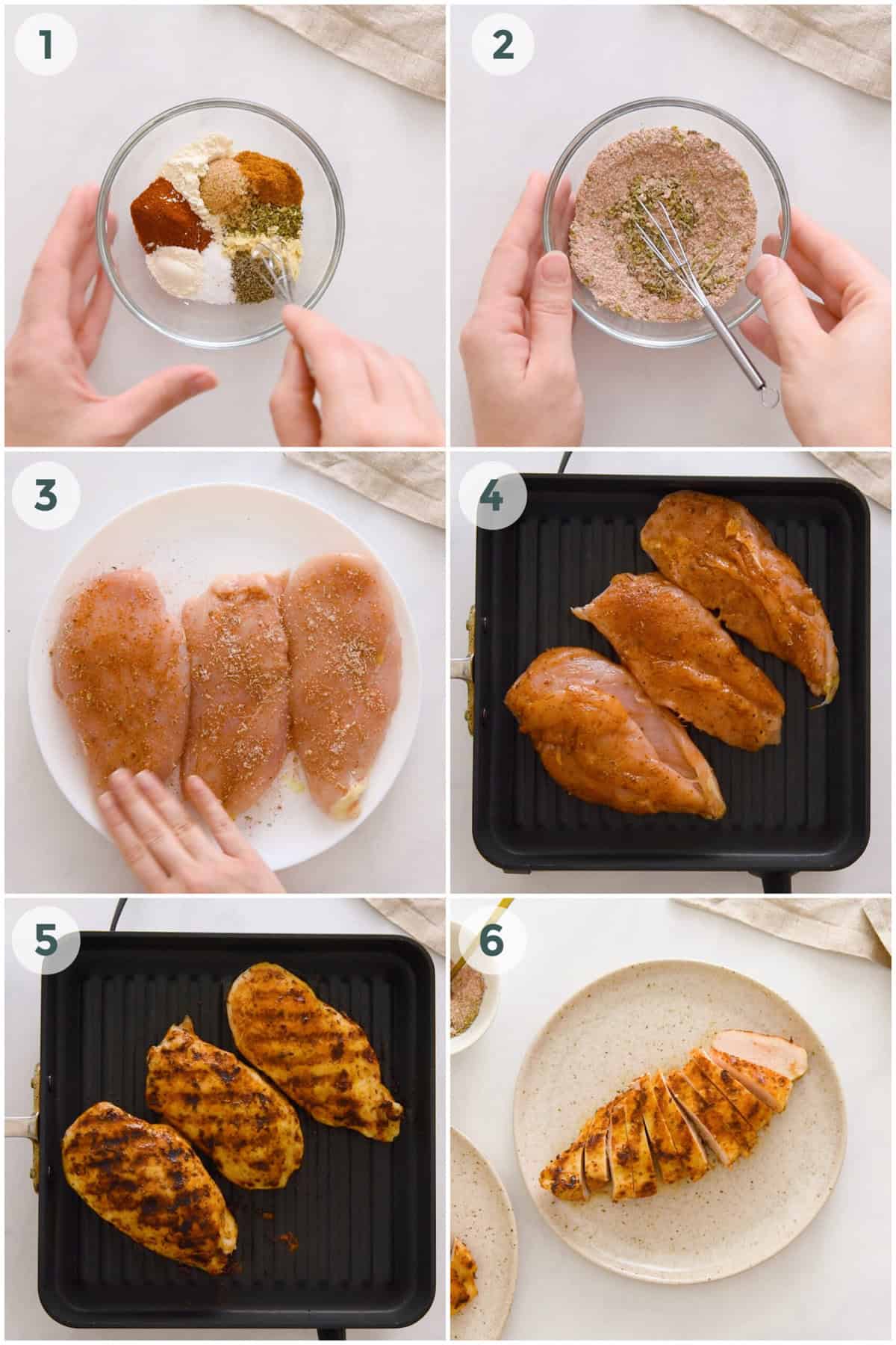 six steps of preparing dry rub for grilled chicken