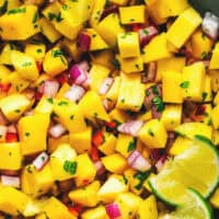 up close mango salsa with lime wedges