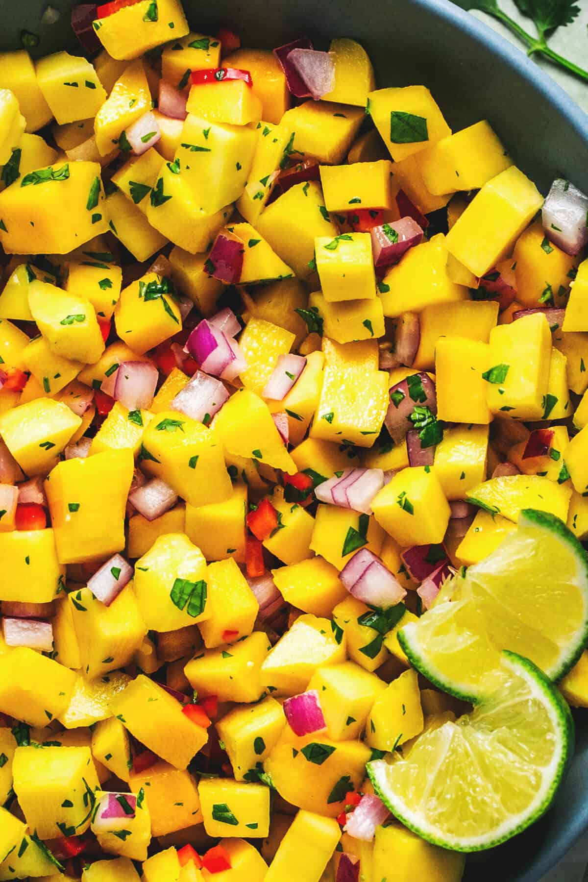 up close mango salsa with lime wedges